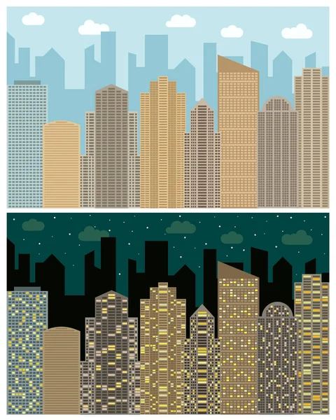 Straatmening met stadsgezicht, wolkenkrabbers en moderne gebouwen in de dag en nacht — Stockvector