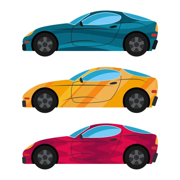 Un set di tre auto dipinte in diversi colori . — Vettoriale Stock