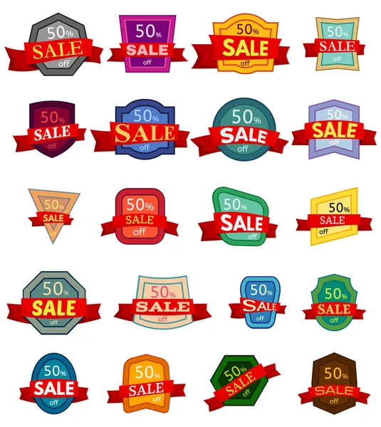 Set de veinte pegatinas de descuento. Insignias coloridas con cinta roja para la venta 50 por ciento de descuento — Vector de stock