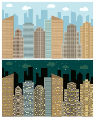 Cityscape, gökdelenler ve gün ve gece modern binalar ile sokak görünümü.