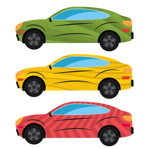 Un conjunto de tres coches pintados en diferentes colores — Vector de stock
