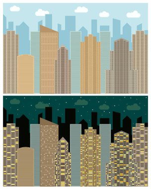 Cityscape, gökdelenler ve gün ve gece modern binalar ile sokak görünümü.