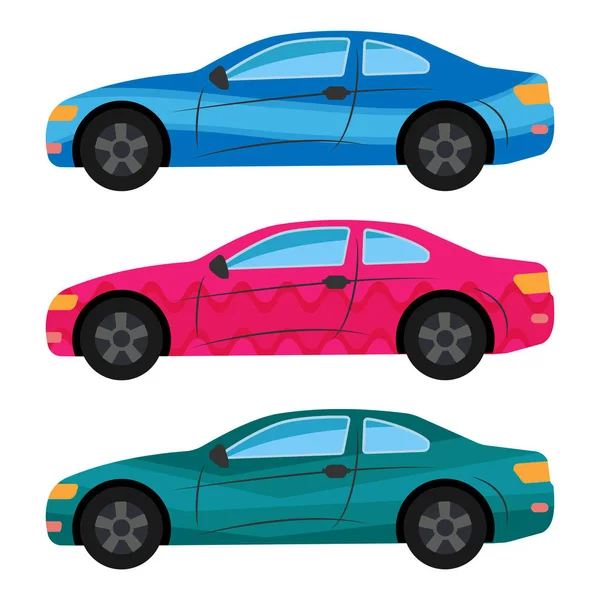Un set di tre auto dipinte in diversi colori — Vettoriale Stock
