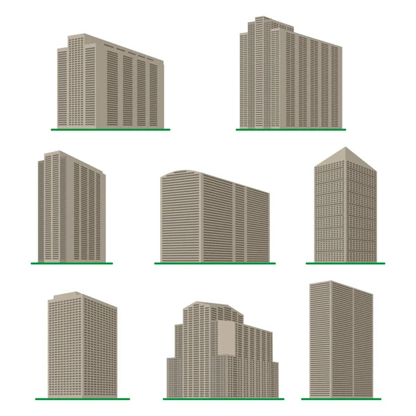 Conjunto de oito arranha-céus modernos sobre um fundo branco — Vetor de Stock