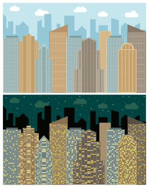Cityscape, gökdelenler ve gün ve gece modern binalar ile sokak görünümü.