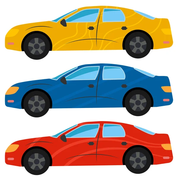 Um conjunto de três carros pintados em cores diferentes — Vetor de Stock