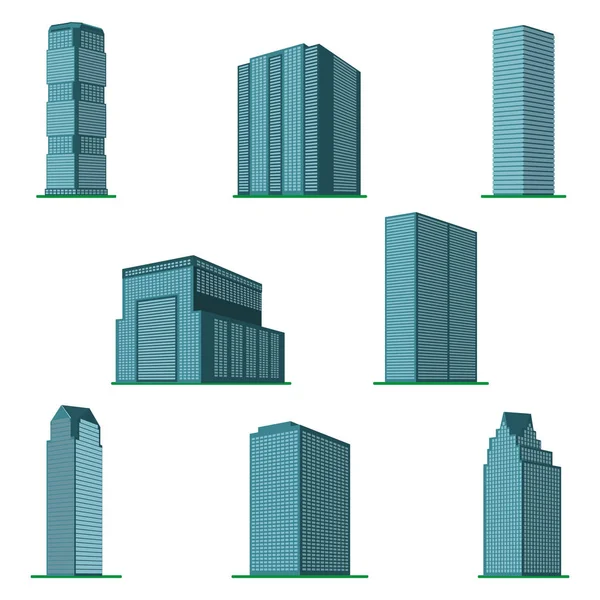 Set aus acht modernen Hochhäusern auf weißem Hintergrund — Stockvektor