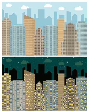 Cityscape, gökdelenler ve gün ve gece modern binalar ile sokak görünümü