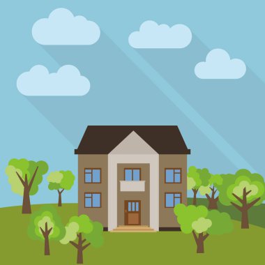 Bir yeşil ağaçlı bir alanda yalnız iki katlı ev