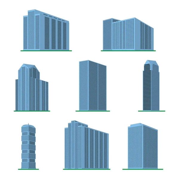Beyaz bir arka plan üzerine bina sekiz modern yüksek katlı kümesi. — Stok Vektör