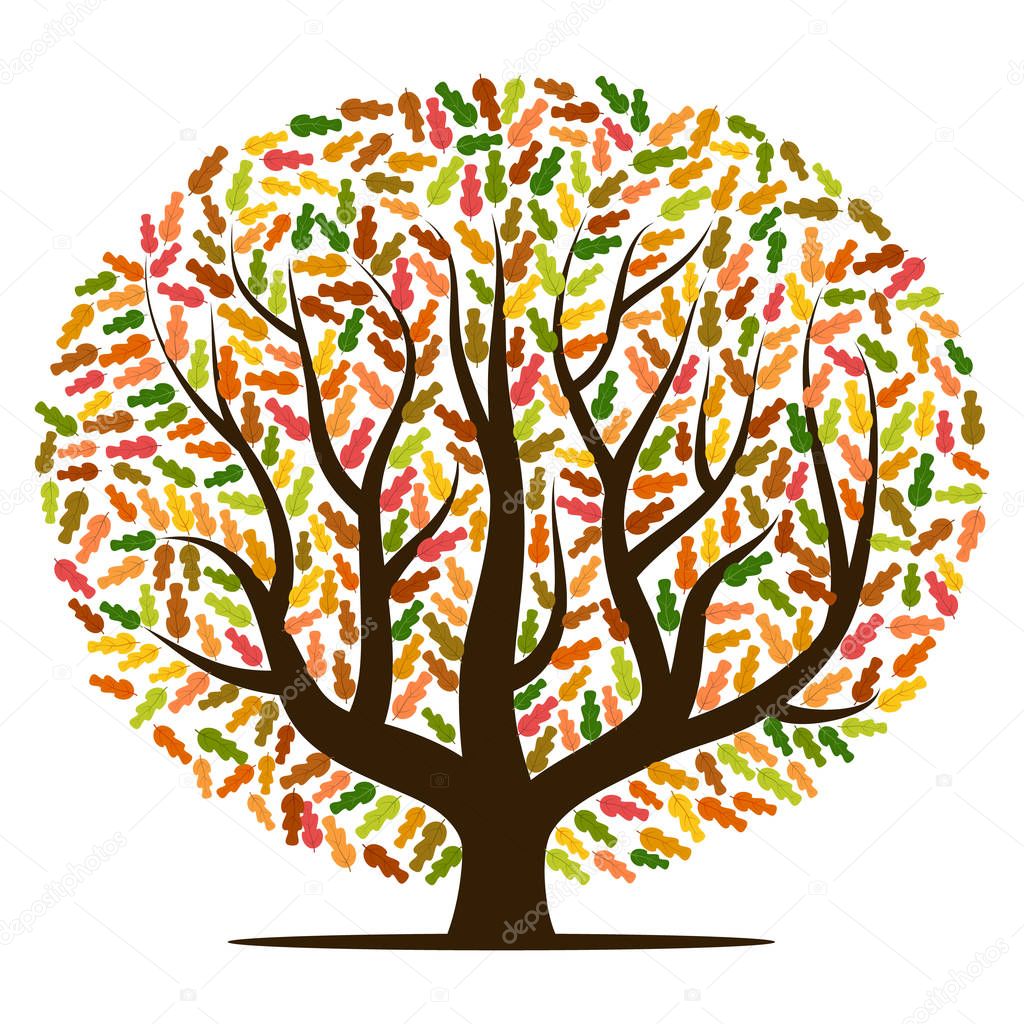 Autumn tree with yellow, orange, brown and green leaves