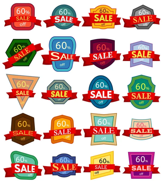 stock vector Set of twenty discount stickers. Colorful badges with red ribbon for sale 60 percent off