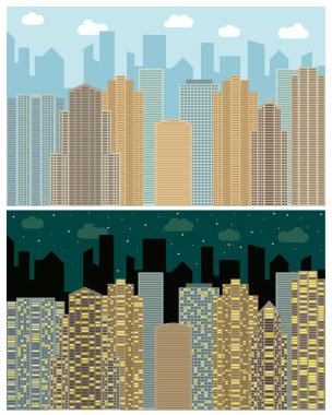 Cityscape, gökdelenler ve gün ve gece modern binalar ile sokak görünümü.