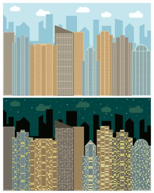 Cityscape, gökdelenler ve gün ve gece modern binalar ile sokak görünümü.