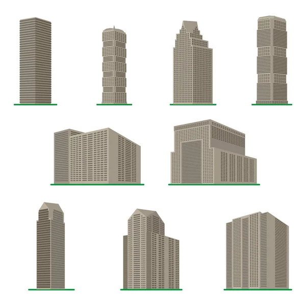 Conjunto de nueve edificios modernos de gran altura sobre un fondo blanco . — Archivo Imágenes Vectoriales