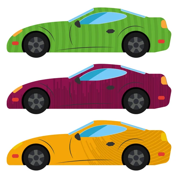 Ένα σύνολο από τρία αυτοκίνητα βαμμένα σε διάφορα χρώματα. — Διανυσματικό Αρχείο