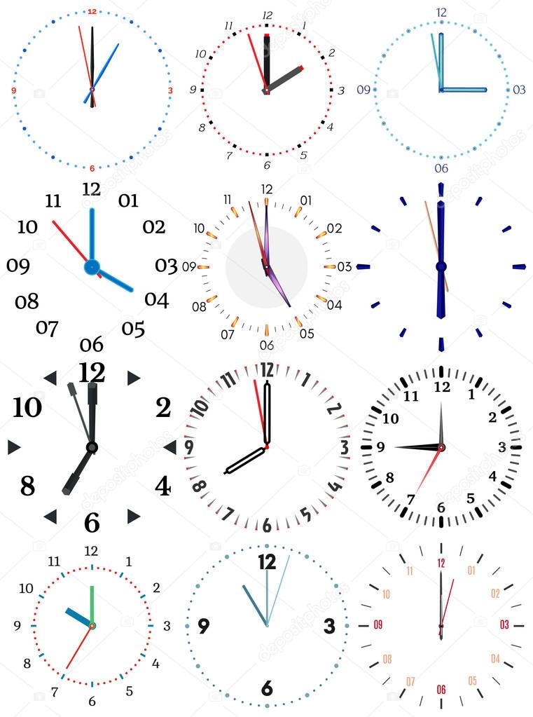 A set of different mechanical clocks with an image of each of the twelve hours.