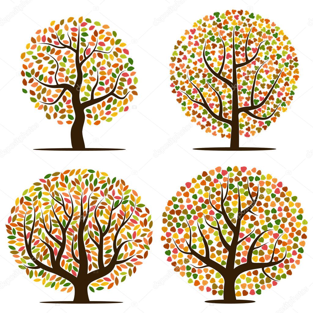 Set of four autumn trees with yellow, orange, brown and green leaves