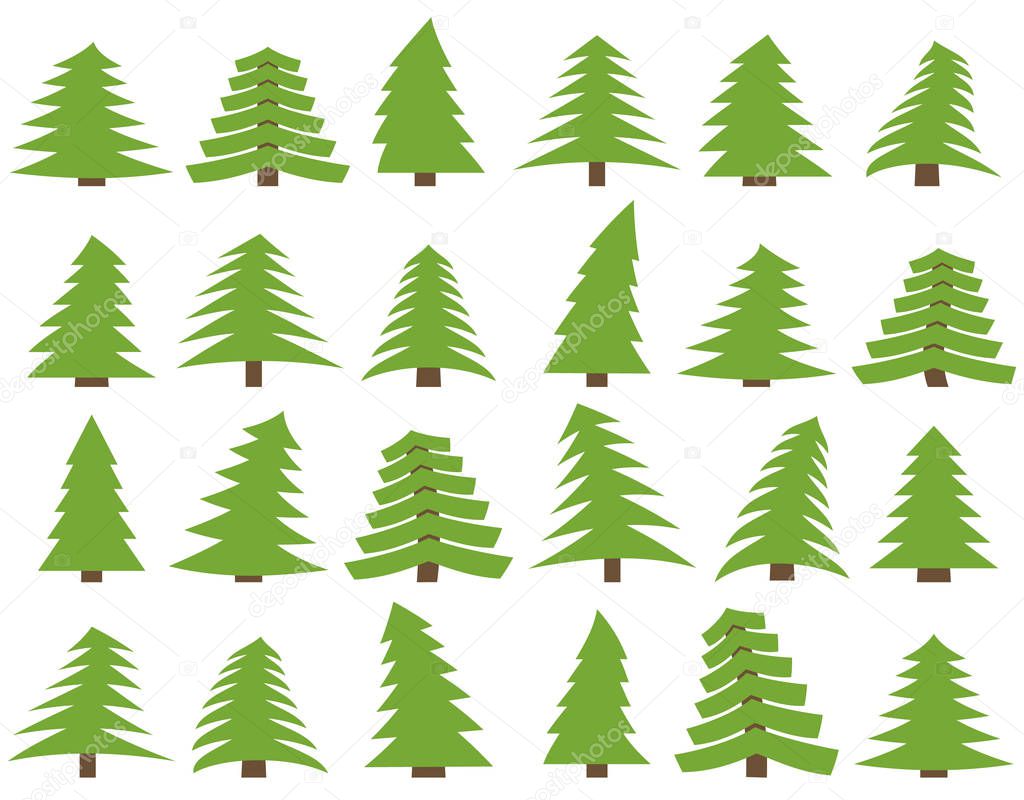 Set of twenty four green pines on a white background