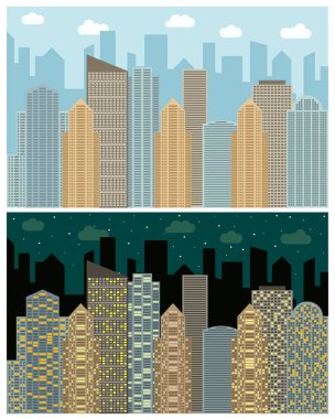 Cityscape, gökdelenler ve gün ve gece modern binalar ile sokak görünümü.