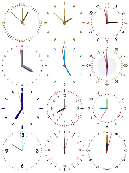 Un insieme di diversi orologi meccanici con un'immagine di ciascuna delle dodici ore . — Vettoriale Stock