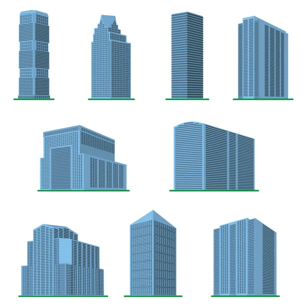 Set of nine modern high-rise building on a white background. — Stock Vector