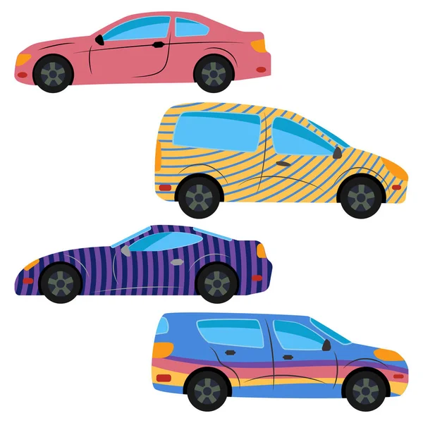 Набор из трех автомобилей, окрашенных в разные цвета — стоковый вектор