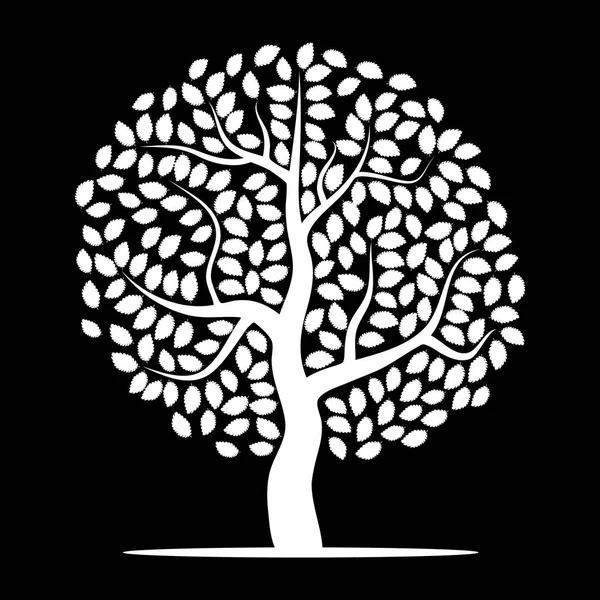 Bílý strom s listy na černém pozadí — Stockový vektor