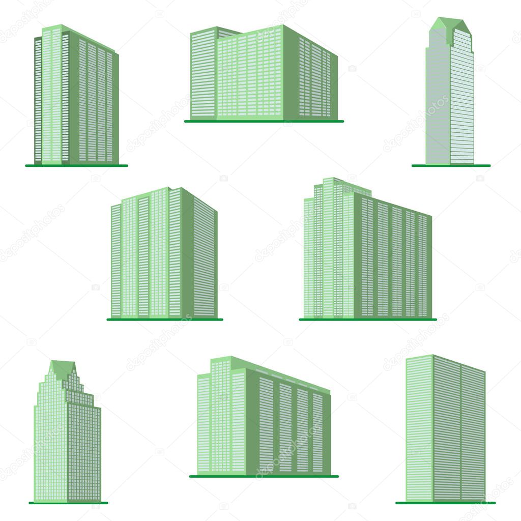 Set of eight  modern high-rise building on a white background