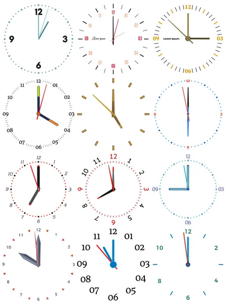 Un insieme di diversi orologi meccanici con un'immagine di ciascuna delle dodici ore — Vettoriale Stock