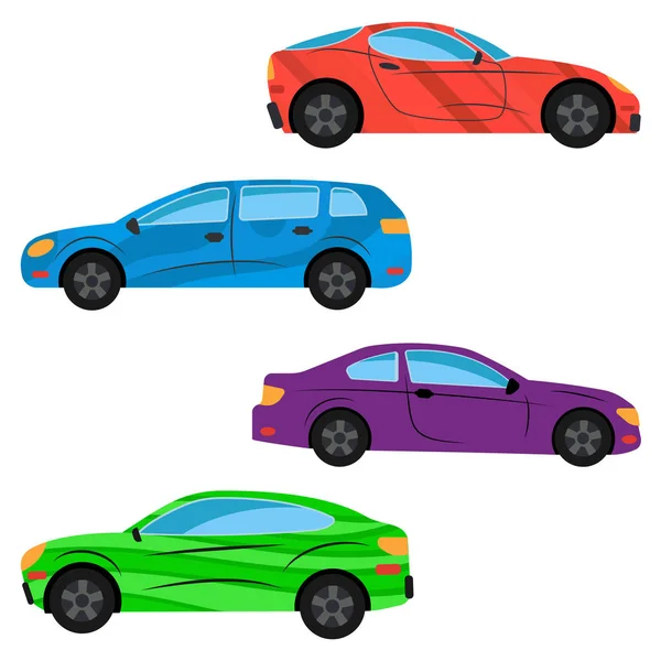 Un ensemble de quatre voitures peintes en différentes couleurs . — Image vectorielle