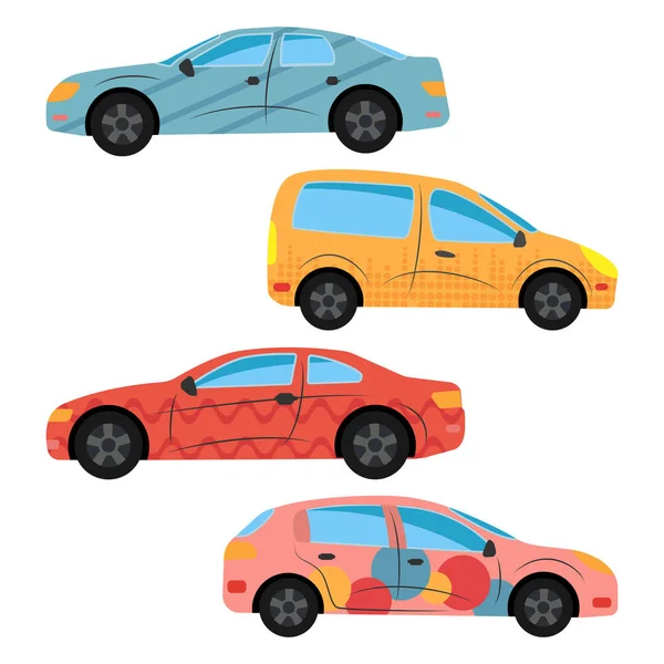 Um conjunto de quatro carros pintados em cores diferentes —  Vetores de Stock