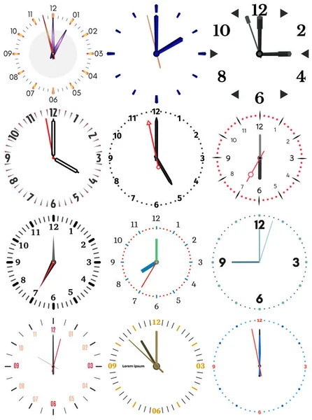 Zestaw różnych zegarów mechanicznych z obrazu każdego z dwunastu godzin — Wektor stockowy