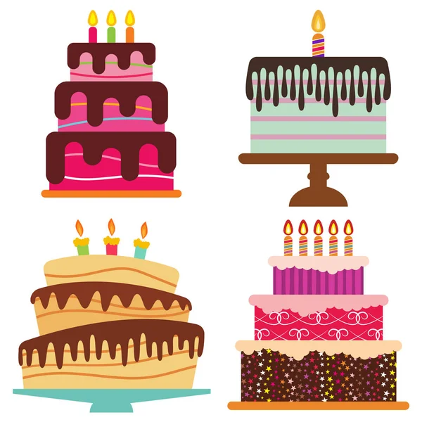 Σύνολο τέσσερα γλυκά γενέθλια τούρτα με αναμμένα κεριά. — Διανυσματικό Αρχείο