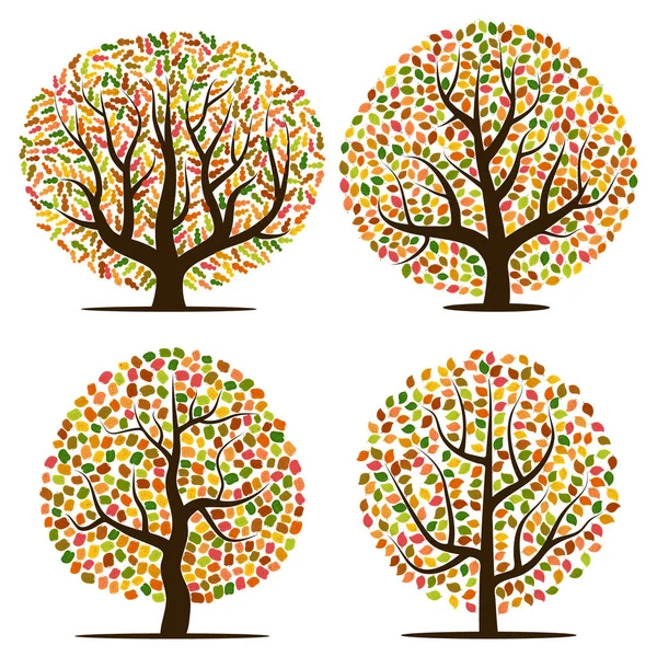 Vier Herbstbäume mit gelbem, orangefarbenem, braunem und grünem Laub — Stockvektor