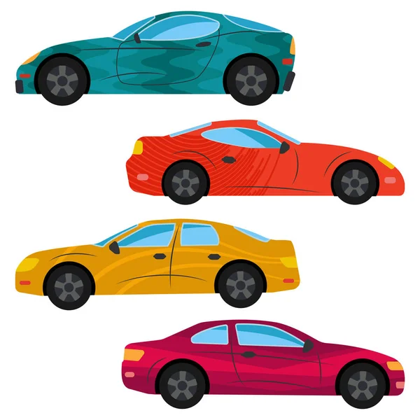 Un conjunto de cuatro coches pintados en diferentes colores — Vector de stock