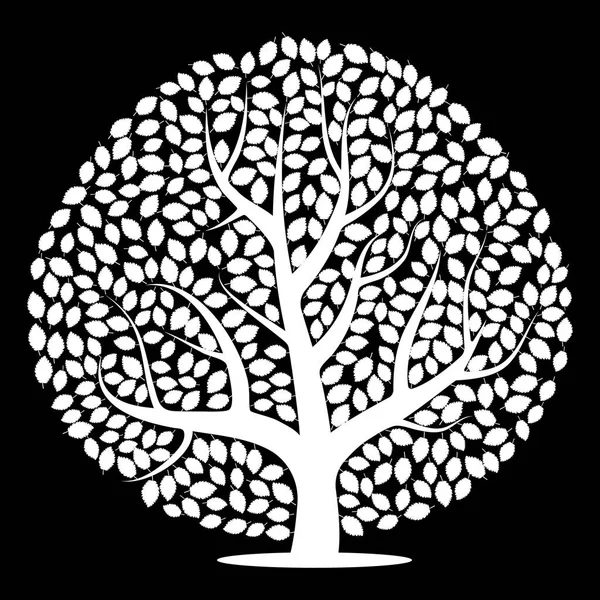 Weißer Baum mit Blättern auf schwarzem Hintergrund — Stockvektor