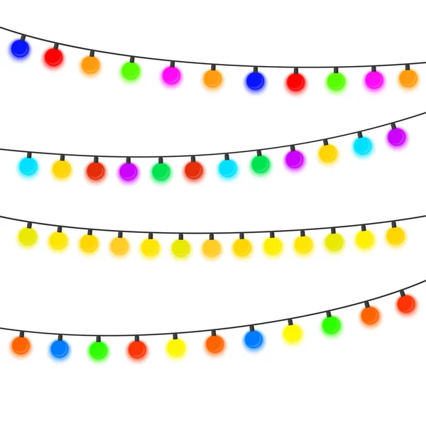 Четыре гирлянды с разноцветными лампочками на белом фоне — стоковый вектор