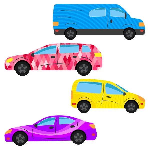 Um conjunto de quatro carros pintados em cores diferentes —  Vetores de Stock