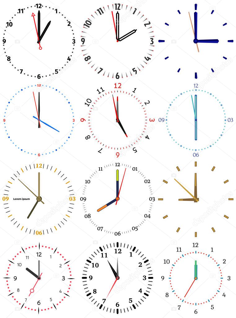 A set of different mechanical clocks with an image of each of the twelve hours.