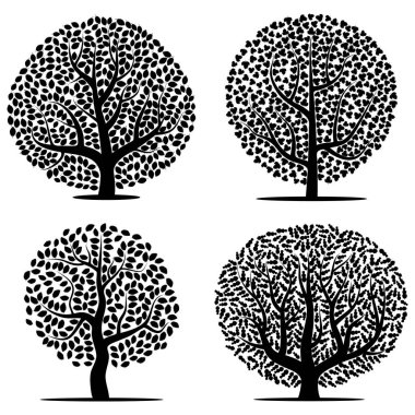 Beyaz arka plan üzerinde yaprakları ile dört siyah ağaçlar set