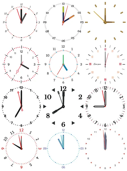 Un insieme di diversi orologi meccanici con un'immagine di ciascuna delle dodici ore — Vettoriale Stock