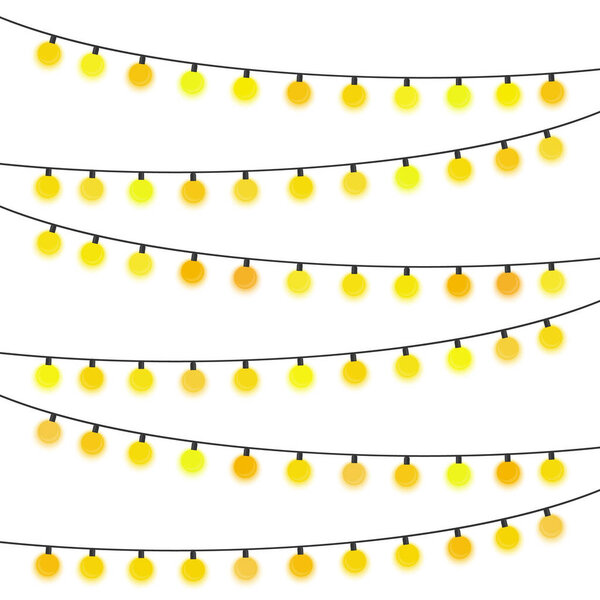 Garland with yellow light bulbs on a white background