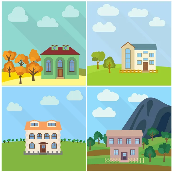 Conjunto de cuatro casas solitarias en la naturaleza — Vector de stock