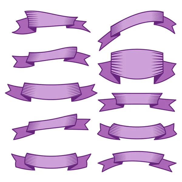 Set van tien paarse linten en banners voor webdesign — Stockvector