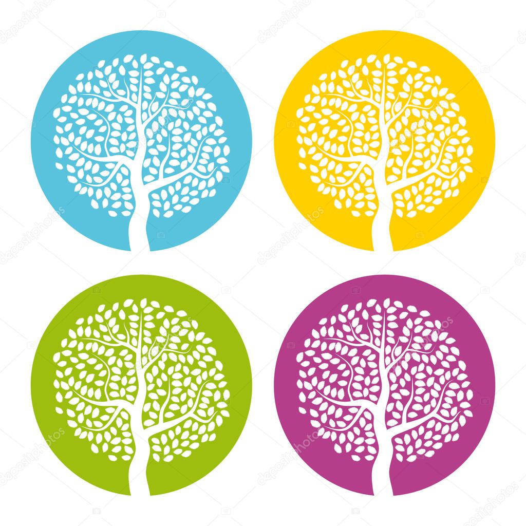 Set of four white trees with leaves on colorful round background