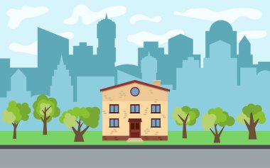 İki katlı çizgi film evi ve yeşil ağaçların güneşli gün ile vektör şehir