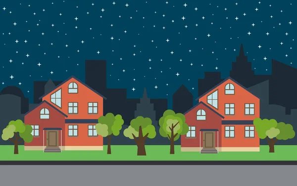 Vektorstadt mit zwei zweistöckigen Cartoon-Häusern und grünen Bäumen bei Nacht. — Stockvektor