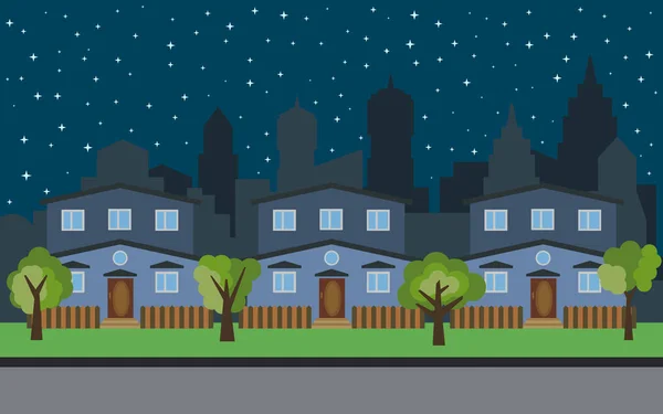 Ville vectorielle avec trois maisons de dessin animé de deux étages et des arbres verts la nuit — Image vectorielle