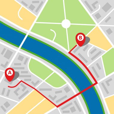 Bir nehir ve noktası b noktasından bir rota ile hayali bir şehir şehir haritası.